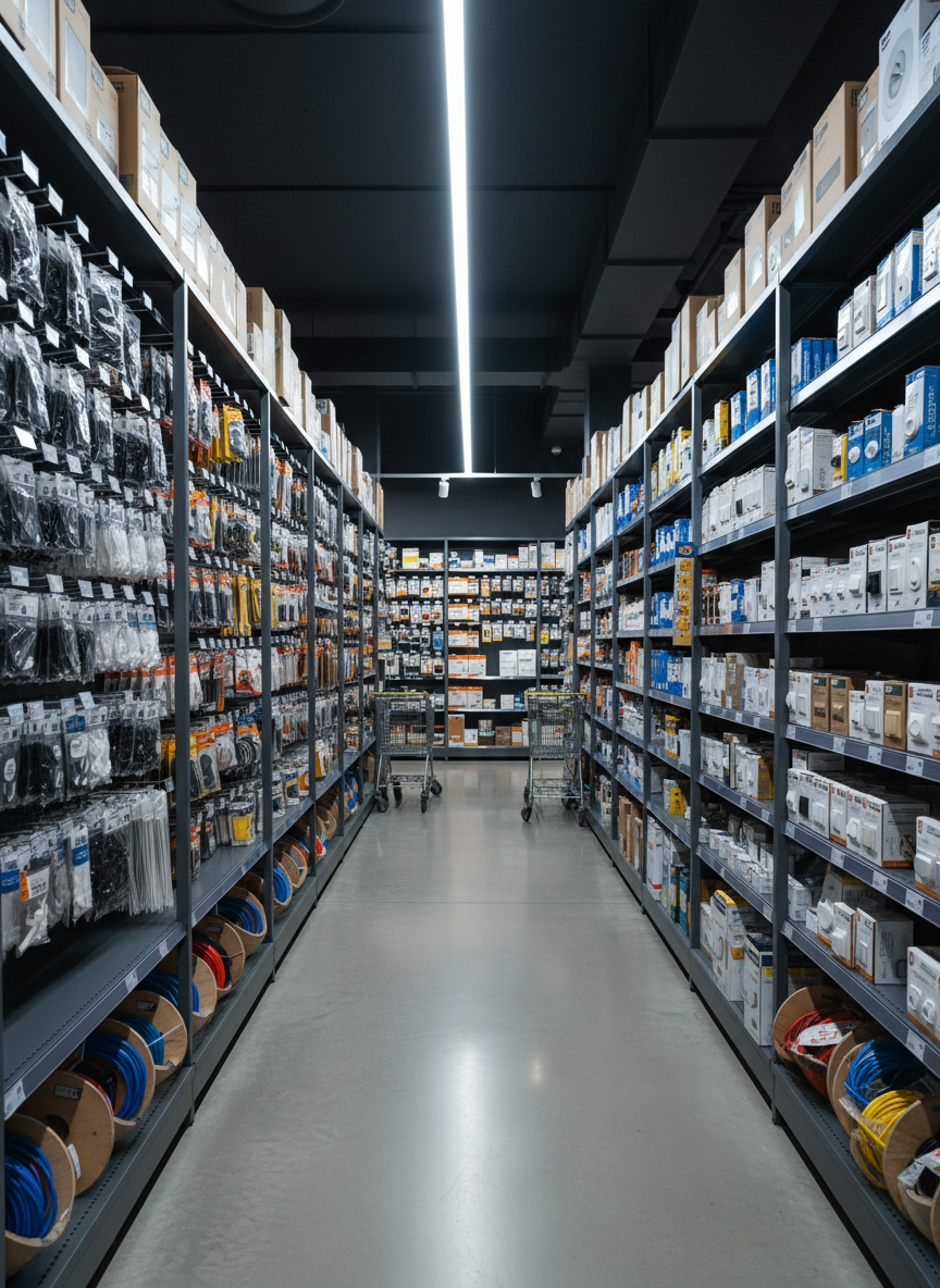 A clean, organized aisle in an electrical and hardware store, with tall, matte-finished shelves filled with neatly boxed electrical supplies—bags of cable ties, spools of wire, rows of switches, and small boxed appliances. The bright, crisp overhead lighting casts soft shadows below each shelf and gives a sense of depth to the scene. Shot at eye-level with deep focus, the composition emphasizes order and abundance, creating a sense of trustworthiness and convenience in the shopping experience. The atmosphere is inviting and efficient, matching a reputable, customer-focused store.